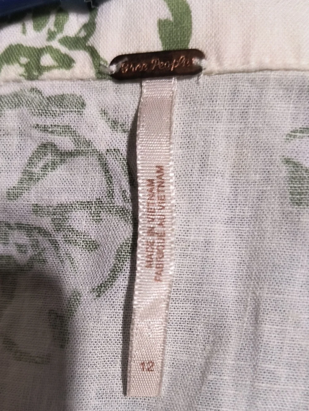Free People Cream Linen Top with Green Botanical Print